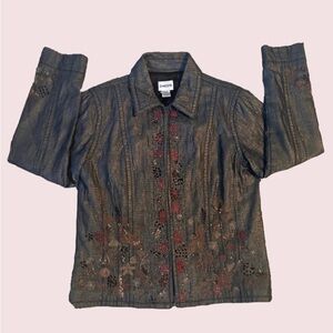 Brown Chico’s jacket with floral embroidered beading